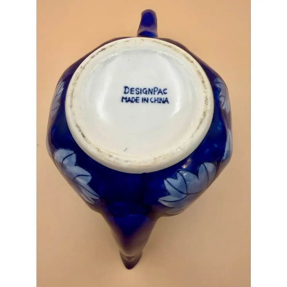 DesignPac Cobalt Blue Leaf 3-Pc Tea Set Teapot Sugar Bowl Creamer China